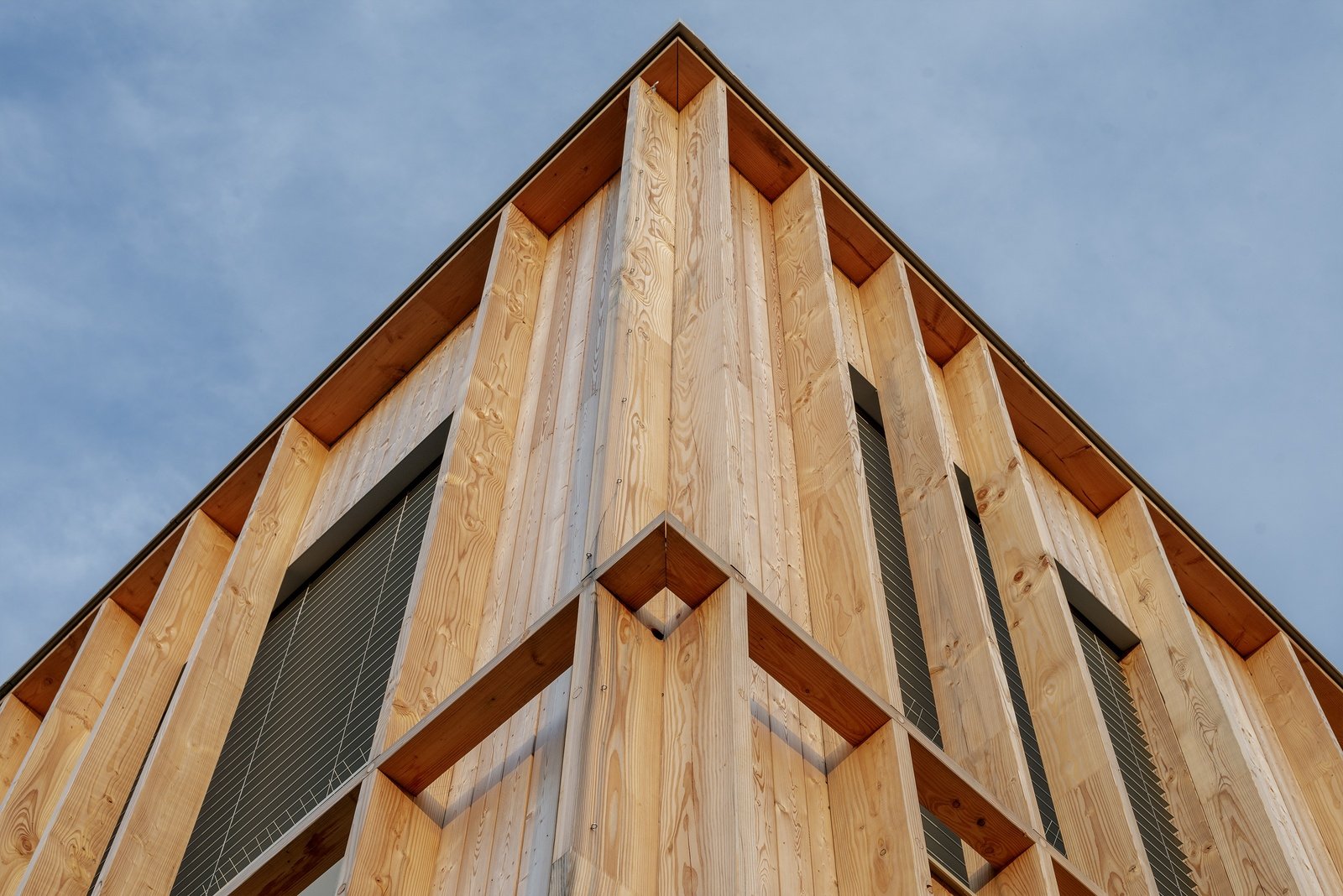 drevena hruba stavba z CLT paneholov, exterier osadzovanie velkych okien, zadny pohlad